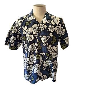 Hawaii Blue, Gray And White Floral Print Cotton Aloha Shirt Size XL